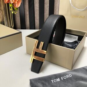 Tom Ford Black Pebbled Leather Belt with Gold TF Logo Buckle